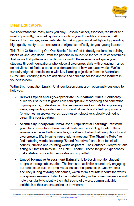 Lesson Plans English - Literature, Literacy, Reading, Writing, Speaking - Foundation Year/ Prep Year/ Kindergarten