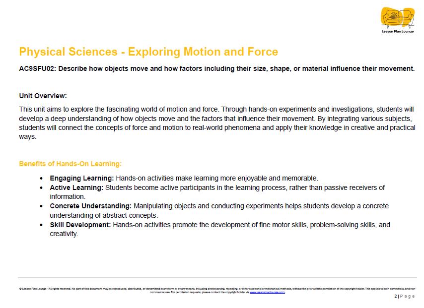 Lesson Plans Science – Biological, Physical and Chemical Sciences - Foundation Year/ Prep Year/ Kindergarten