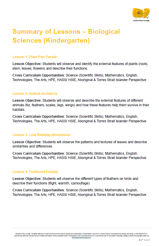Lesson Plans Science – Biological, Physical and Chemical Sciences - Foundation Year/ Prep Year/ Kindergarten