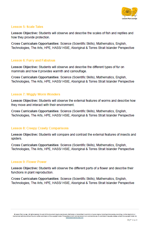 Lesson Plans Science – Biological, Physical and Chemical Sciences - Foundation Year/ Prep Year/ Kindergarten