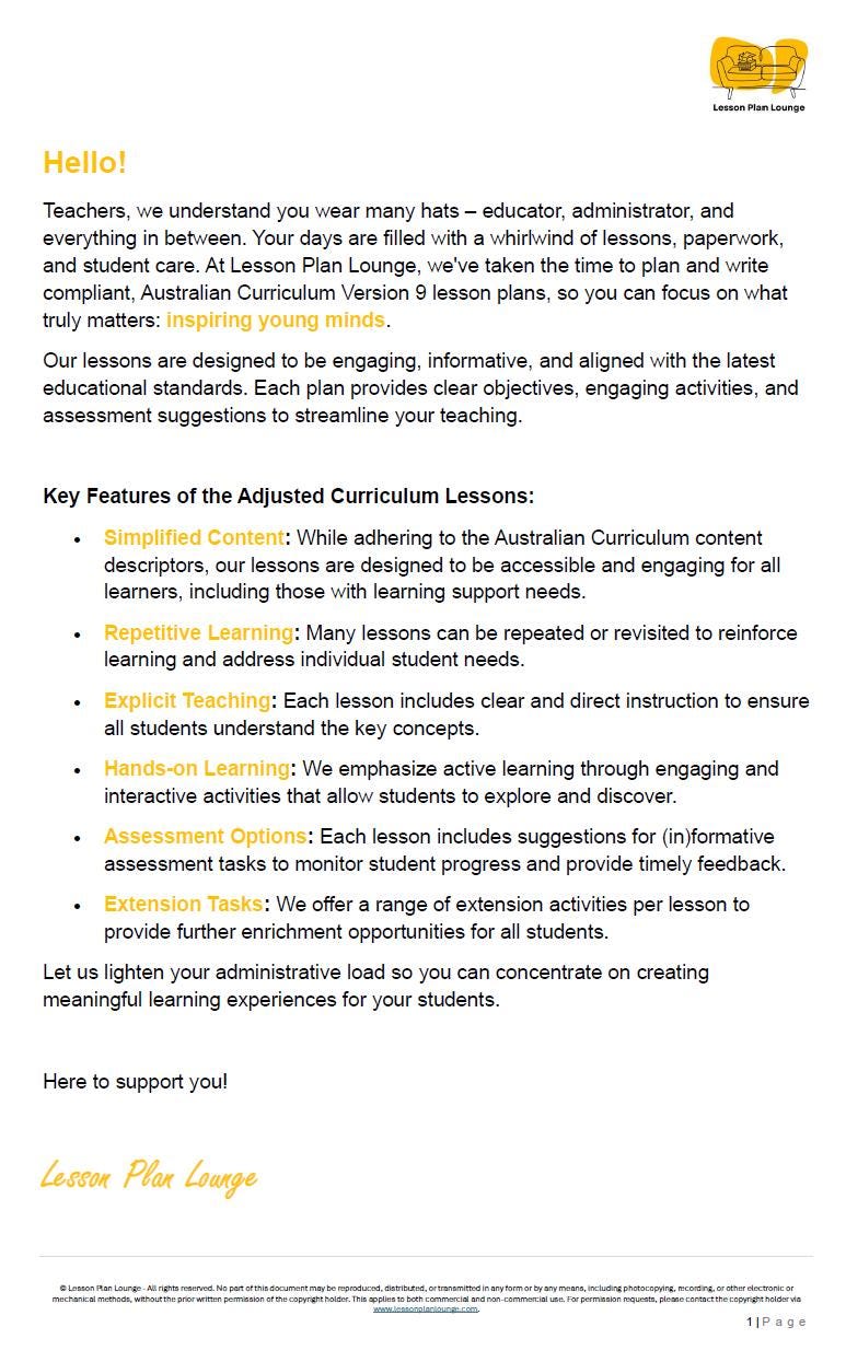Lesson Plans Science – Biological, Physical and Chemical Sciences - Foundation Year/ Prep Year/ Kindergarten