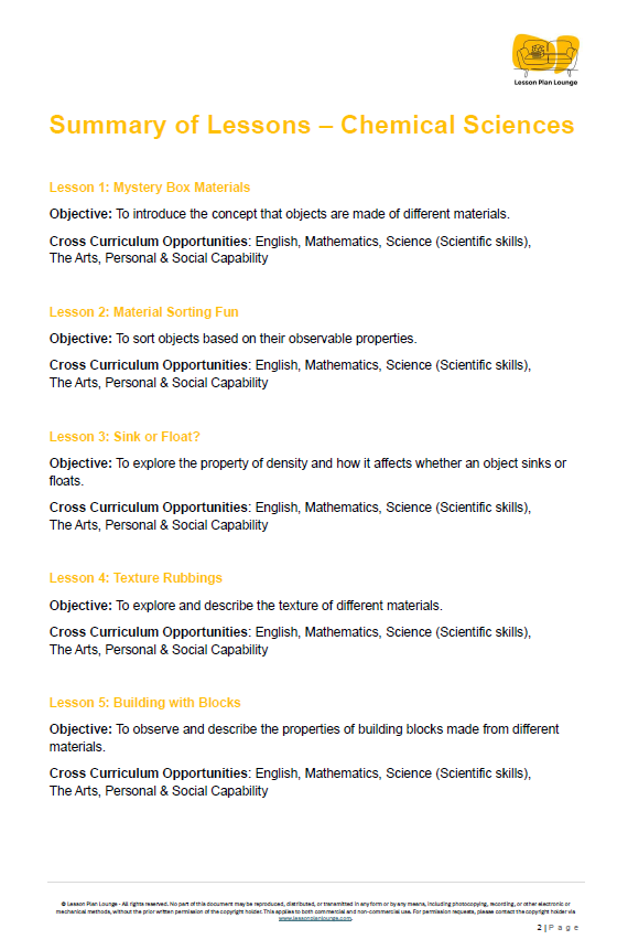 Lesson Plans Science – Biological, Physical and Chemical Sciences - Foundation Year/ Prep Year/ Kindergarten
