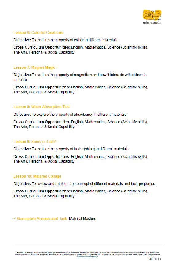 Lesson Plans Science – Biological, Physical and Chemical Sciences - Foundation Year/ Prep Year/ Kindergarten
