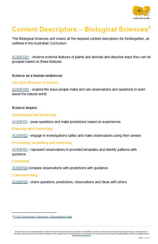 Lesson Plans Science – Biological, Physical and Chemical Sciences - Foundation Year/ Prep Year/ Kindergarten