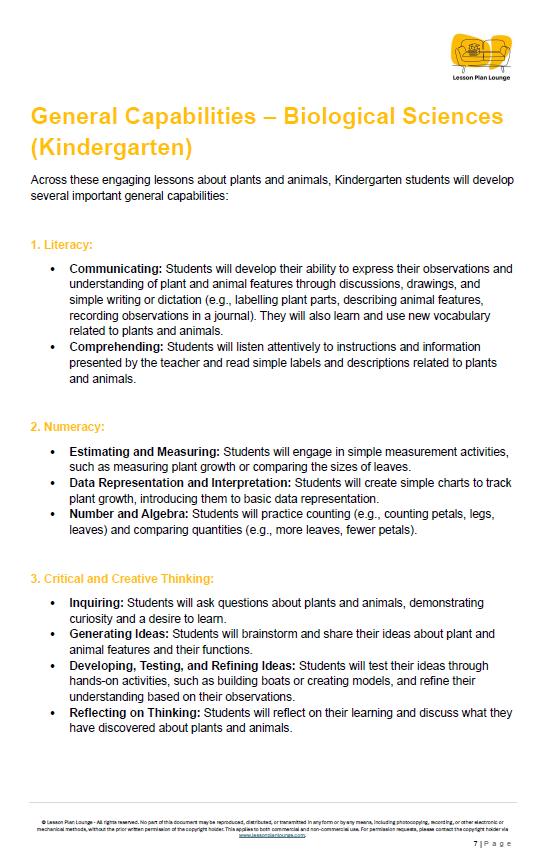 Lesson Plans Science – Biological, Physical and Chemical Sciences - Foundation Year/ Prep Year/ Kindergarten