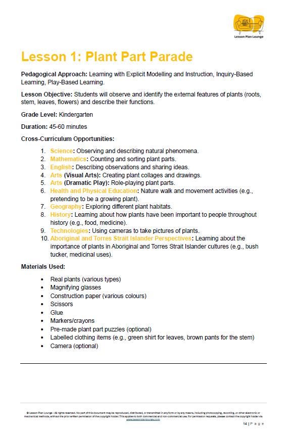 Lesson Plans Science – Biological, Physical and Chemical Sciences - Foundation Year/ Prep Year/ Kindergarten