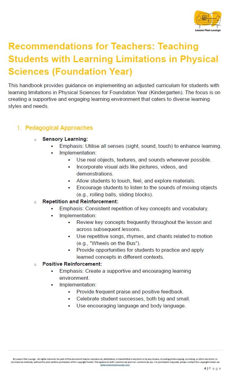 Lesson Plans Science – Biological, Physical and Chemical Sciences - Foundation Year/ Prep Year/ Kindergarten