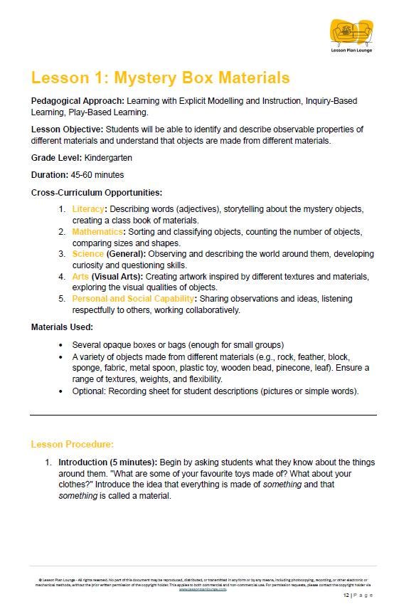 Lesson Plans Science – Biological, Physical and Chemical Sciences - Foundation Year/ Prep Year/ Kindergarten