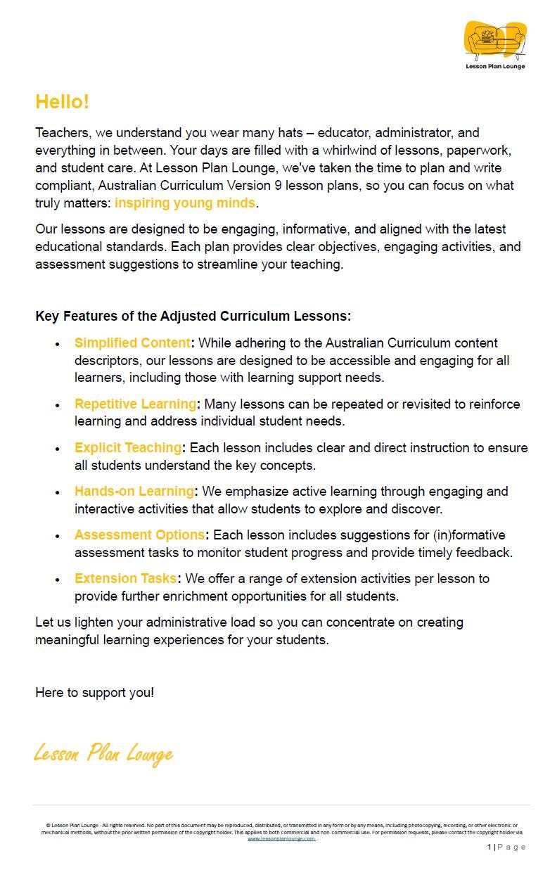 Lesson Plans Science – Biological, Physical and Chemical Sciences - Foundation Year/ Prep Year/ Kindergarten