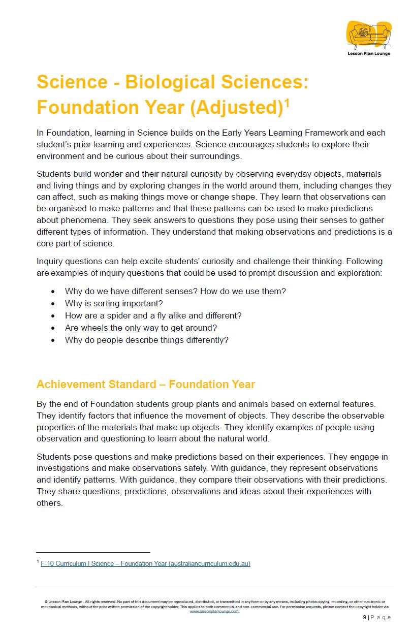Lesson Plans Science – Biological, Physical and Chemical Sciences - Foundation Year/ Prep Year/ Kindergarten