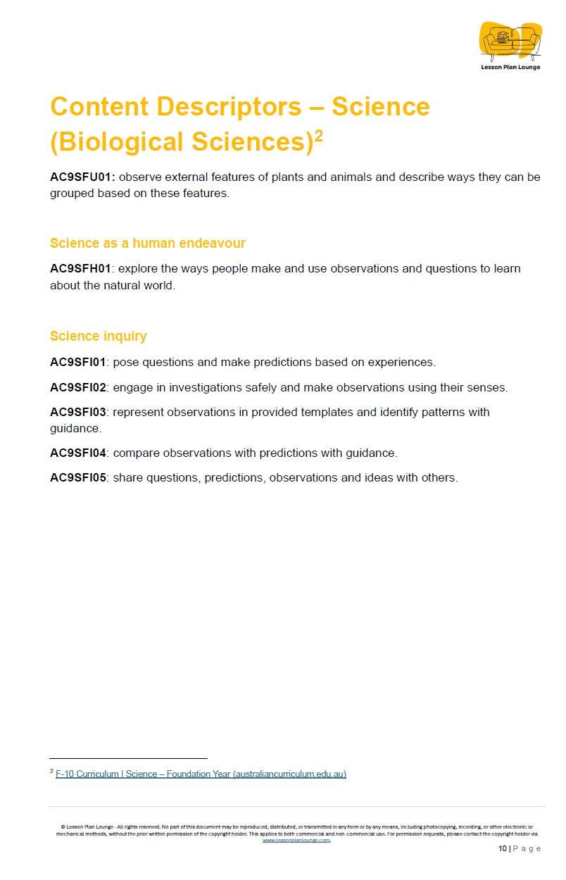 Lesson Plans Science – Biological, Physical and Chemical Sciences - Foundation Year/ Prep Year/ Kindergarten