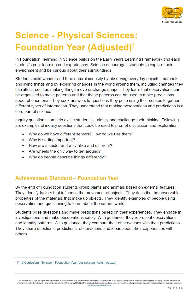 Lesson Plans Science – Biological, Physical and Chemical Sciences - Foundation Year/ Prep Year/ Kindergarten