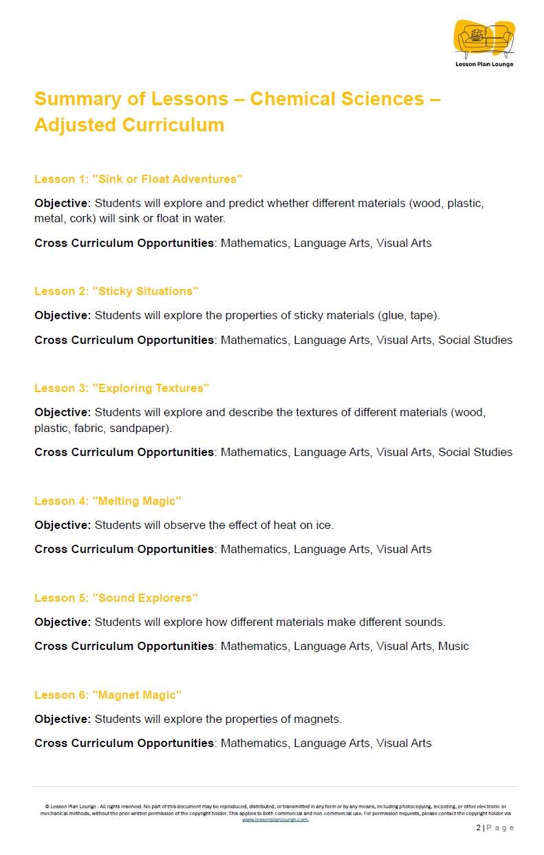 Lesson Plans Science – Biological, Physical and Chemical Sciences - Foundation Year/ Prep Year/ Kindergarten