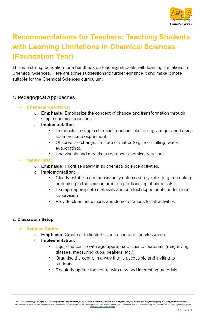 Lesson Plans Science – Biological, Physical and Chemical Sciences - Foundation Year/ Prep Year/ Kindergarten