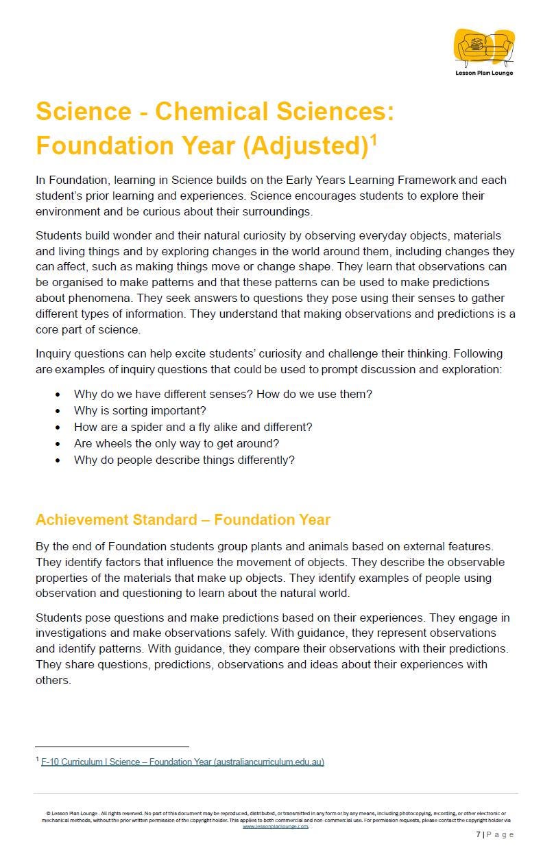 Lesson Plans Science – Biological, Physical and Chemical Sciences - Foundation Year/ Prep Year/ Kindergarten