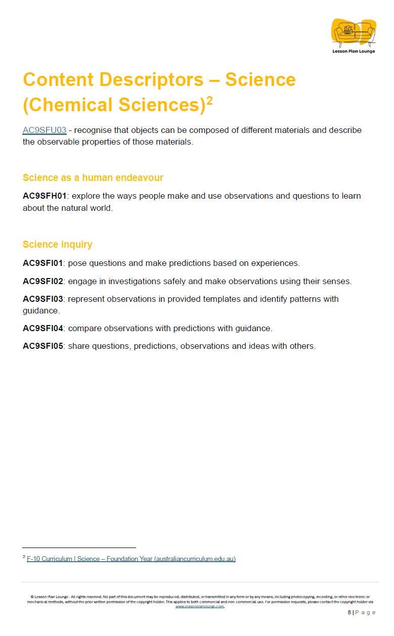 Lesson Plans Science – Biological, Physical and Chemical Sciences - Foundation Year/ Prep Year/ Kindergarten