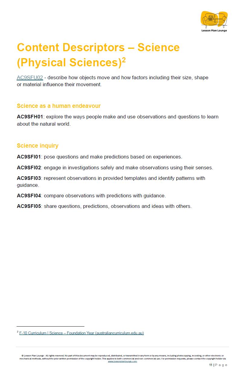 Lesson Plans Science – Biological, Physical and Chemical Sciences - Foundation Year/ Prep Year/ Kindergarten