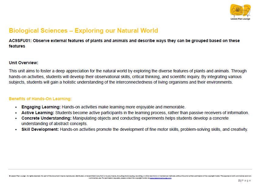 Lesson Plans Science – Biological, Physical and Chemical Sciences - Foundation Year/ Prep Year/ Kindergarten