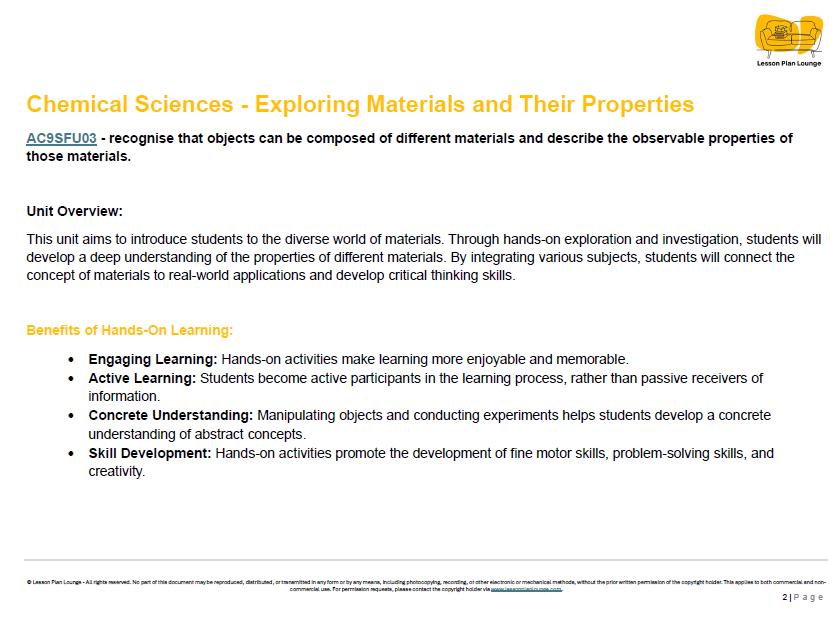 Lesson Plans Science – Biological, Physical and Chemical Sciences - Foundation Year/ Prep Year/ Kindergarten