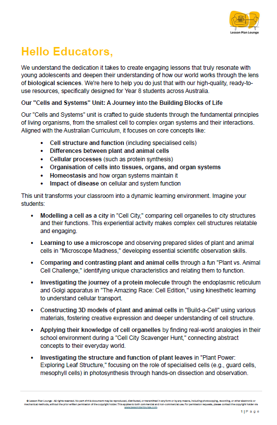 Science - Biological Sciences: 10 Lesson Plans + 1 Summative Assessment Task + FREE Student WORKBOOK (Year 8)