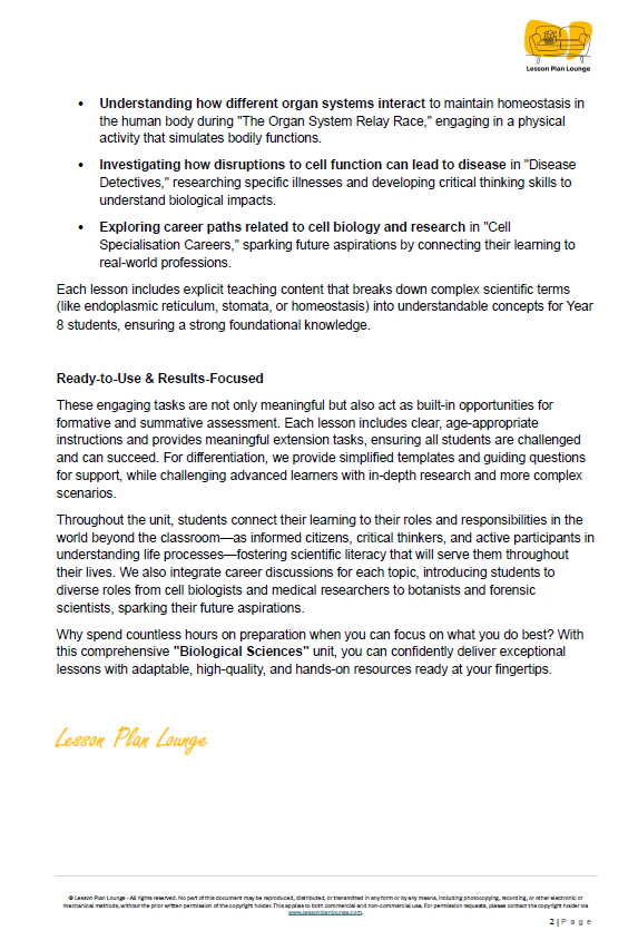 Science - Biological Sciences: 10 Lesson Plans + 1 Summative Assessment Task + FREE Student WORKBOOK (Year 8)