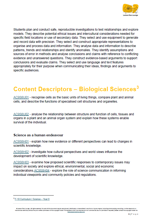 Science - Biological Sciences: 10 Lesson Plans + 1 Summative Assessment Task + FREE Student WORKBOOK (Year 8)