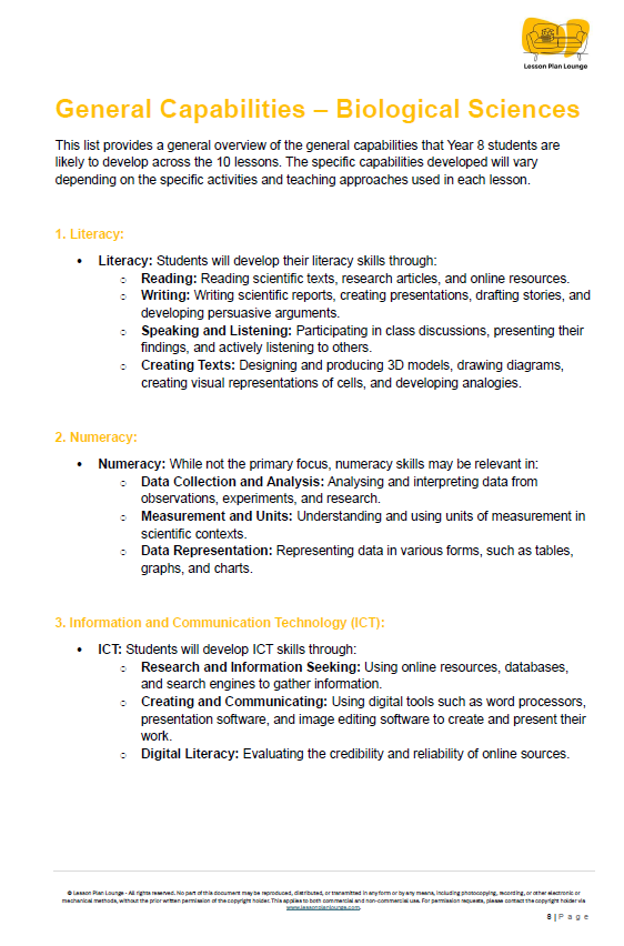 Science - Biological Sciences: 10 Lesson Plans + 1 Summative Assessment Task + FREE Student WORKBOOK (Year 8)