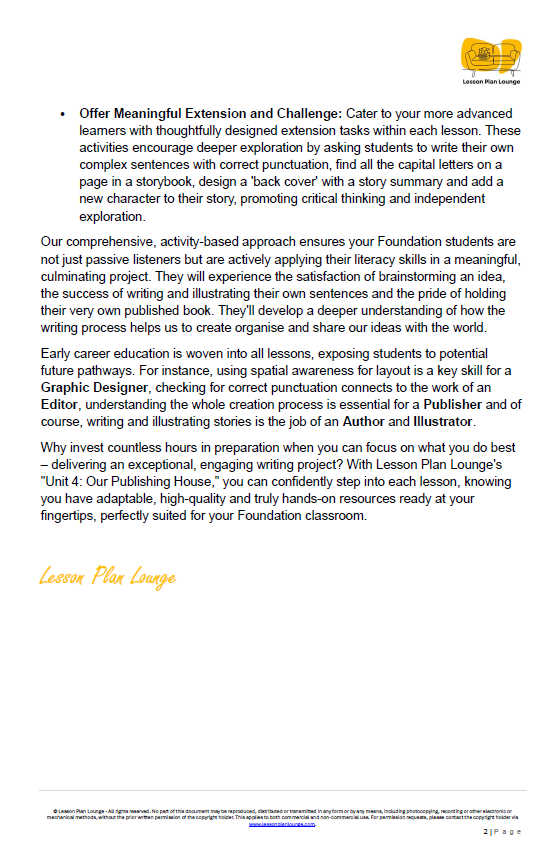 English - Unit 4 Our Publishing House - Kindergarten/ Foundation Year/ Prep