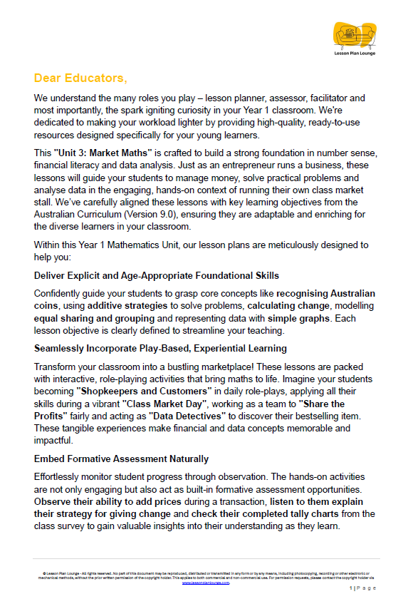 Mathematics - Unit 3 Market Maths - LESSON PLANS - Year 1