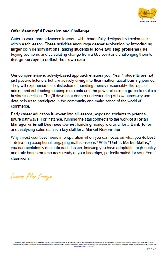 Mathematics - Unit 3 Market Maths - LESSON PLANS - Year 1