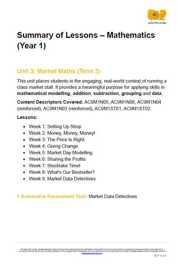 Mathematics - Unit 3 Market Maths - LESSON PLANS - Year 1