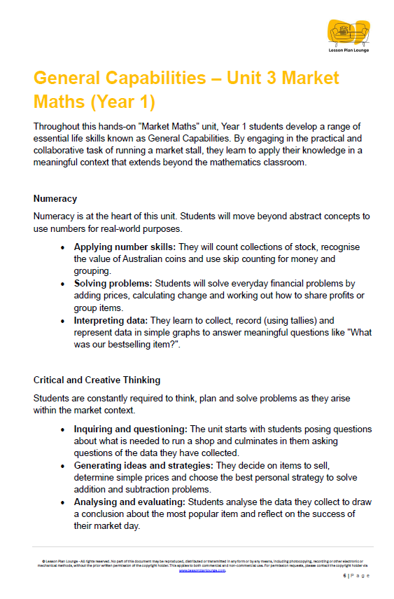 Mathematics - Unit 3 Market Maths - LESSON PLANS - Year 1