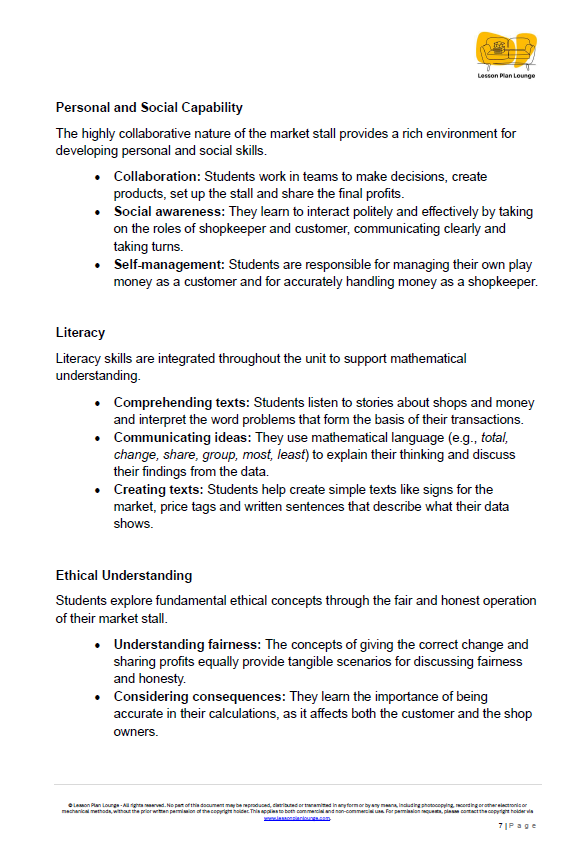 Mathematics - Unit 3 Market Maths - LESSON PLANS - Year 1