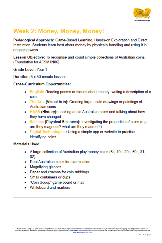 Mathematics - Unit 3 Market Maths - LESSON PLANS - Year 1