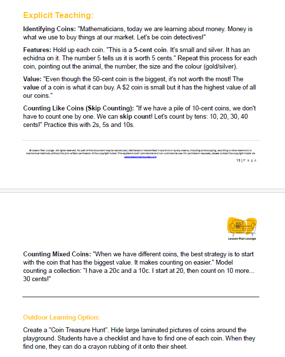 Mathematics - Unit 3 Market Maths - LESSON PLANS - Year 1
