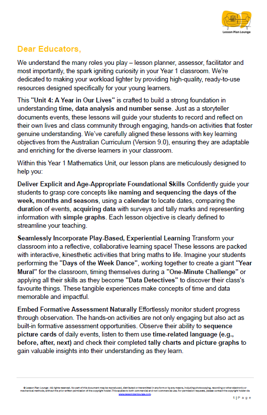Mathematics - Unit 4 A Year in Our Lives - LESSON PLANS - Year 1