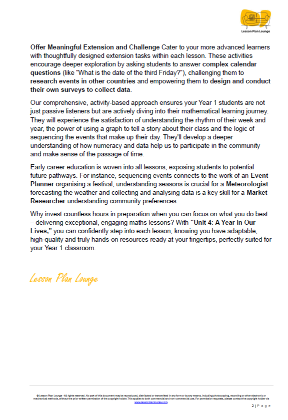 Mathematics - Unit 4 A Year in Our Lives - LESSON PLANS - Year 1