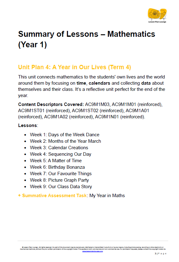 Mathematics - Unit 4 A Year in Our Lives - LESSON PLANS - Year 1