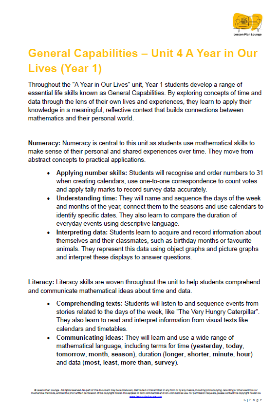 Mathematics - Unit 4 A Year in Our Lives - LESSON PLANS - Year 1