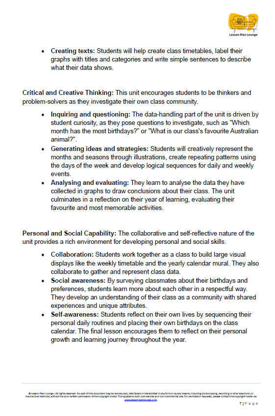 Mathematics - Unit 4 A Year in Our Lives - LESSON PLANS - Year 1
