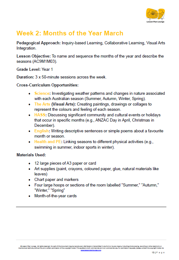 Mathematics - Unit 4 A Year in Our Lives - LESSON PLANS - Year 1