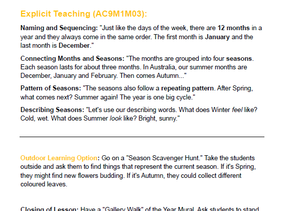 Mathematics - Unit 4 A Year in Our Lives - LESSON PLANS - Year 1