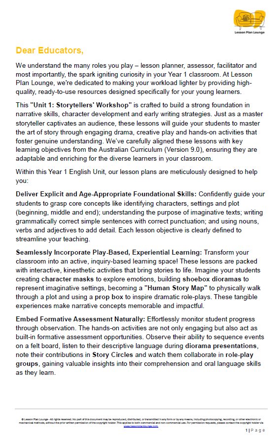 English - Unit 1: Storytellers Workshop - LESSON PLANS - Year 1