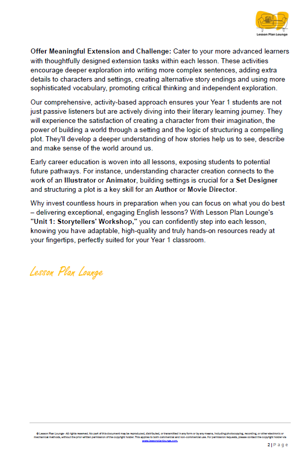 English - Unit 1: Storytellers Workshop - LESSON PLANS - Year 1