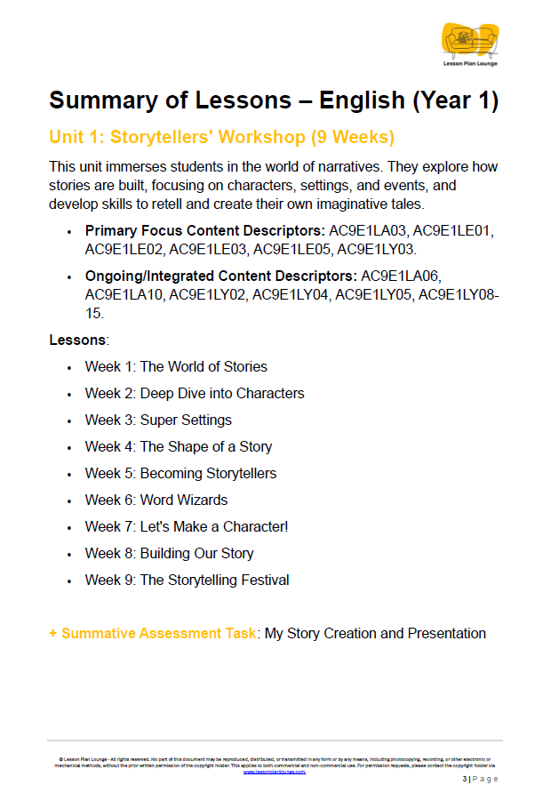 English - Unit 1: Storytellers Workshop - LESSON PLANS - Year 1