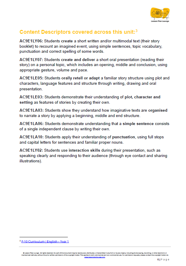 English - Unit 1: Storytellers Workshop - LESSON PLANS - Year 1