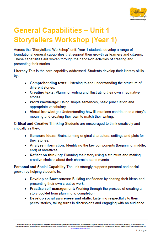 English - Unit 1: Storytellers Workshop - LESSON PLANS - Year 1