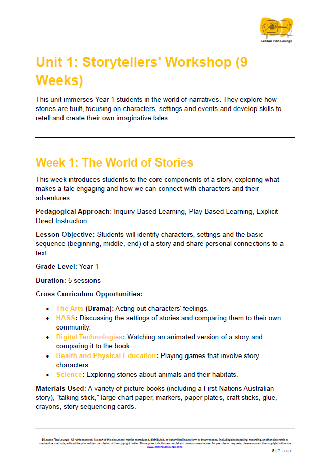 English - Unit 1: Storytellers Workshop - LESSON PLANS - Year 1