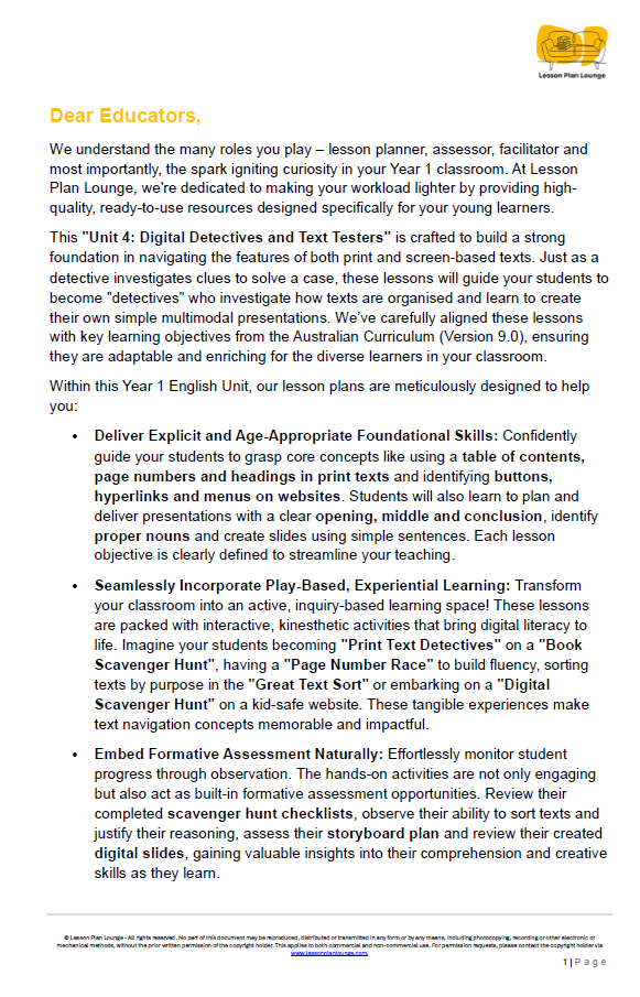 English - Unit 4: Digital Detectives and Text Testers - LESSON PLANS - Year 1