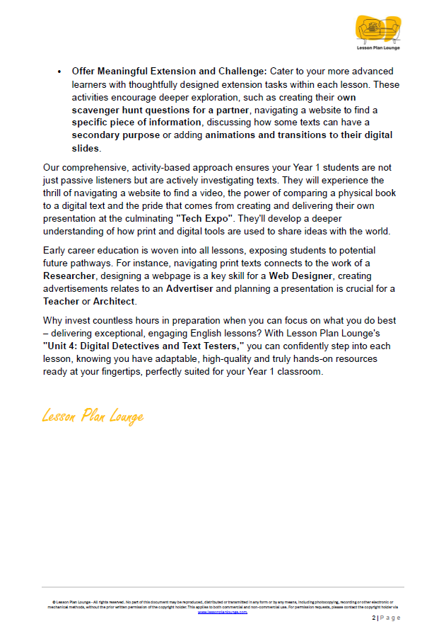 English - Unit 4: Digital Detectives and Text Testers - LESSON PLANS - Year 1